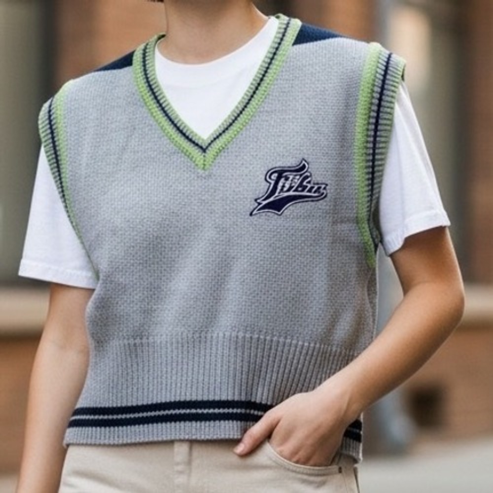 Vintage FUBU Sweater Cropped Vest Grey Navy Lime Green Y2K Streetwear‎ Medium